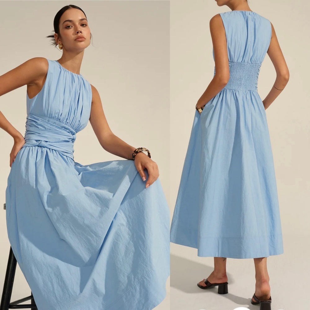 Commense Ruched Waist Maxi Dress Light Blue Midi Dress - Picture 2 of 2